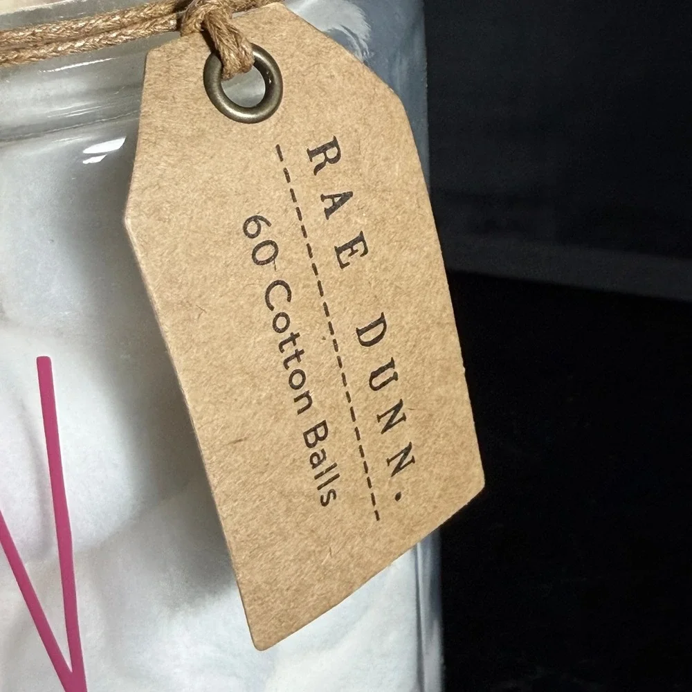 Rae Dunn Cotton Balls Glass Jar Wood Lid Pink Font Bathroom Storage R0879 NEW